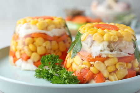 Delicious fish aspic with vegetables on plate, closeupの写真素材