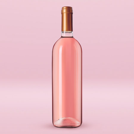 Bottle of expensive rose wine on light pink backgroundの写真素材