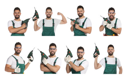 Collage with photos of young worker in uniform with power drill on white backgroundの写真素材