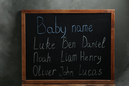 Blackboard with baby names near dark wallの写真素材