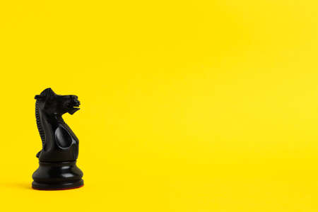 Black knight on yellow background, space for text. Chess pieceの写真素材