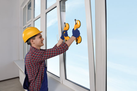 Worker using suction lifters during plastic window installation indoorsの写真素材