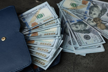 Dollar banknotes, coins and wallet on gray table, closeup. money exchangeの写真素材