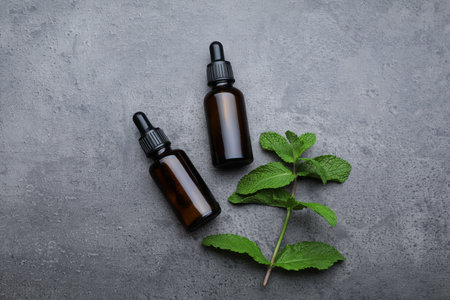 Bottles of essential oil and mint on gray table, flat layの写真素材