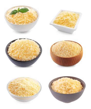 Set with delicious parmesan cheese on white backgroundの写真素材