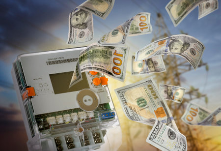 Electricity meters with flying dollar banknotes and high voltage towers outdoors at sunset. Paying billsの写真素材