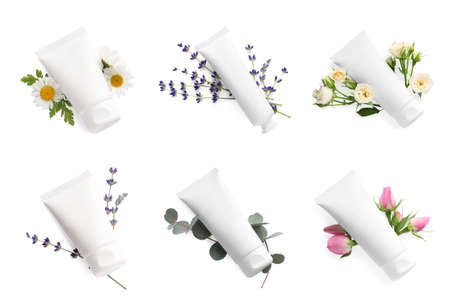 Set of different tubes with hand creams on white background, top view