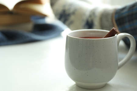 Cup of delicious mulled wine indoors. winter drinkの写真素材