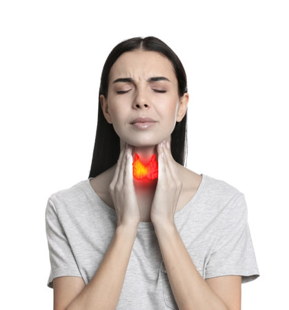 Woman with thyroid gland disease on white background