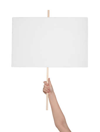 Woman holding blank protest sign on white background, closeup
