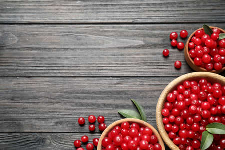 Ripe fresh cranberry on gray wooden table, flat lay. Space for textの写真素材