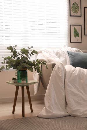 Comfortable sofa with blanket in stylish room interior