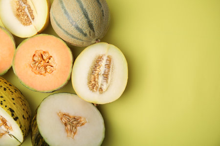 Tasty colorful ripe melons on yellow background, flat lay. Space for textの写真素材