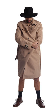 Exhibitionist in coat and hat isolated on whiteの写真素材