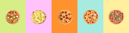 Set of delicious pizzas on different color backgrounds, top view. banner designの写真素材