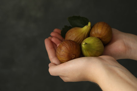 Woman holding tasty raw figs with leaf on gray background, closeupの写真素材