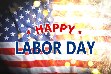 Happy Labor Day. National American flag and fireworks, bokeh effect