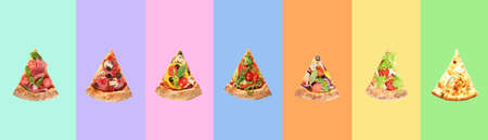 Set with slices of delicious pizzas on different color backgrounds, top view. banner designの写真素材