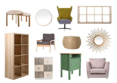 Collection of different stylish furniture on white backgroundの写真素材