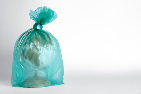 Globe in plastic bag on white background, space for text. environmental conservationの写真素材