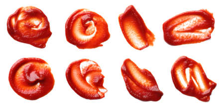 Set with tasty ketchup on white background, top view. banner designの写真素材