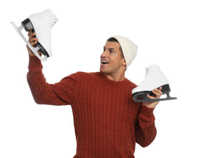 Emotional man with ice skates on white backgroundの写真素材