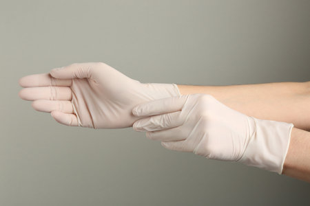 Person putting on medical gloves against gray background, closeup of hands