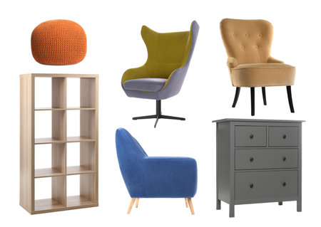 Collection of different stylish furniture on white backgroundの写真素材