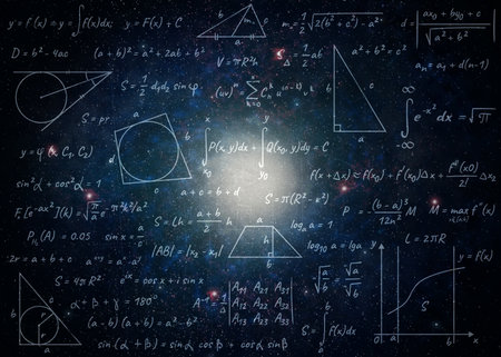 Illustration of basic physics and mathematics formulas and galaxy in universeの写真素材