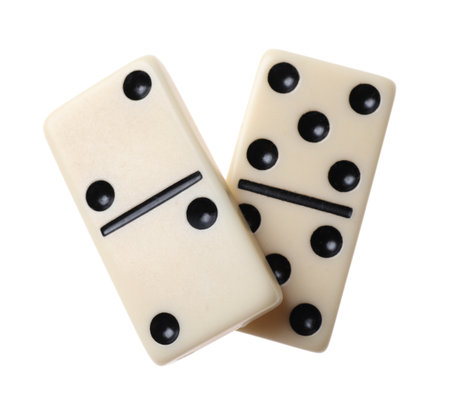 Two classic domino tiles on white background, top viewの写真素材