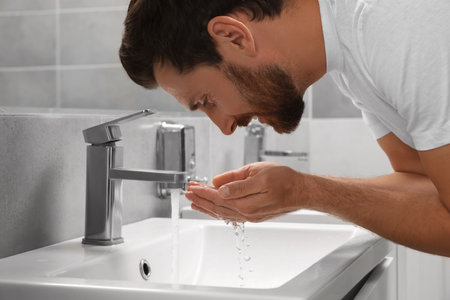 Handsome bearded man washing over sink in bathroomの写真素材