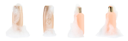 Set with bottles of bubble bath and fluffy foam on white background. banner designの写真素材
