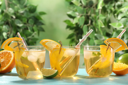 Delicious refreshing drink with orange and lime slices on light blue wooden tableの写真素材