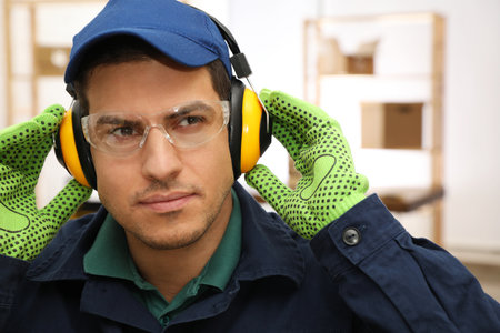 Worker wearing safety headphones indoors. Hearing protection deviceの写真素材