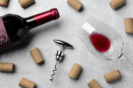 Corkscrew with wine bottle, glass and stoppers on light gray stone table, flat lay