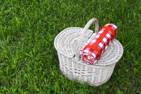 Rolled checkered tablecloth with picnic basket on green grass outdoors, space for textの写真素材