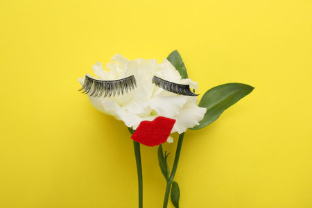 Flower with false eyelashes and red lips as beautiful face on yellow background, top viewの写真素材