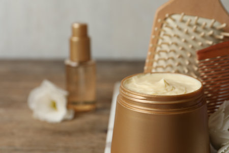 Hair products and accessories, closeup. Space for textの写真素材