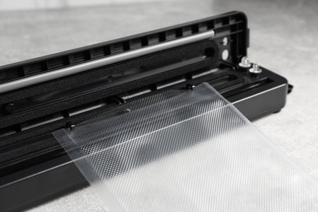 Sealer for vacuum packing with plastic bag on light gray table, closeupの写真素材