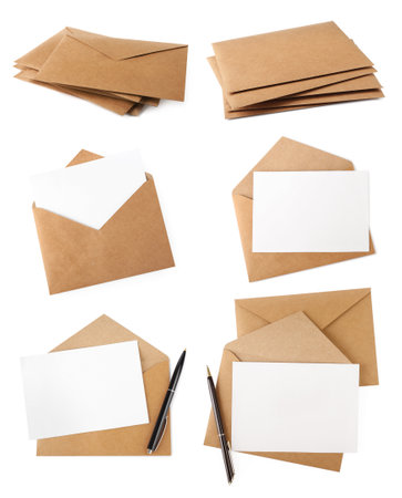 Set with letter in kraft envelopes on white backgroundの写真素材