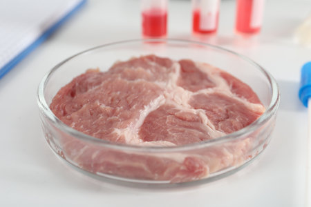 Petri dish with piece of raw cultured meat on white table in laboratory, closeupの写真素材
