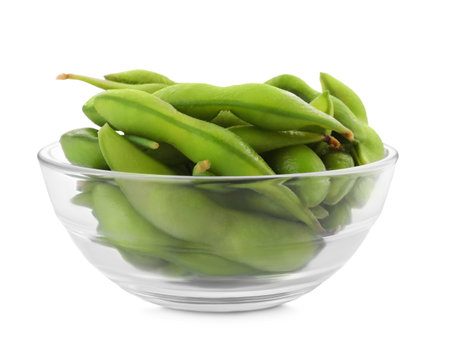 Bowl with green edamame pods on white backgroundの写真素材