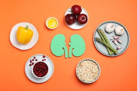 Paper cutout of kidneys and different healthy products on orange background, flat layの写真素材