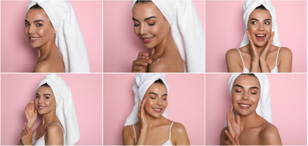 Collage with photos of beautiful young woman with towels on pink background. banner designの写真素材