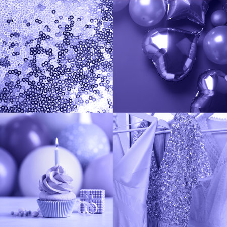 Collage with different photos inspired by color of the year 2022 (Veri Peri)