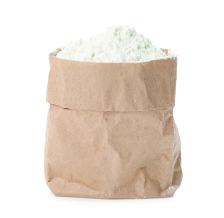 Mung bean flour in paper bag isolated on whiteの写真素材
