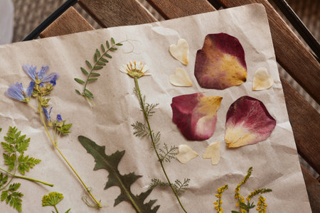 Sheet of paper with dried flowers and leaves on wooden table, top viewの写真素材