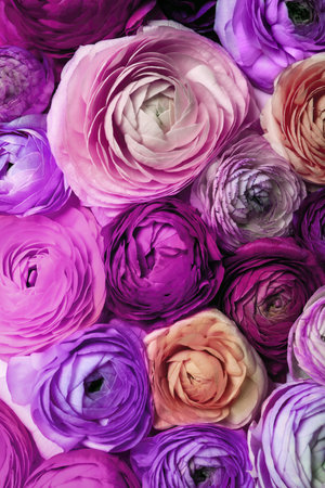 Many different beautiful ranunculus flowers, closeup viewの写真素材