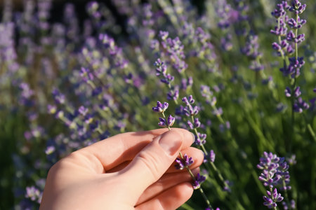 Woman in lavender field on summer day, closeupの写真素材