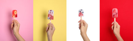 Collage with photos of woman holding berry ice on different color backgrounds, closeup. banner...